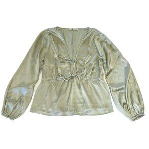 Abercrombie & Fitch Satin Long Billowy Sleeve Front Tie Blouse Cream/Green Sz M